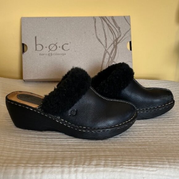 Born / B.O.C. Black Leather Shearling Wedge Clogs 10 - Picture 1 of 11